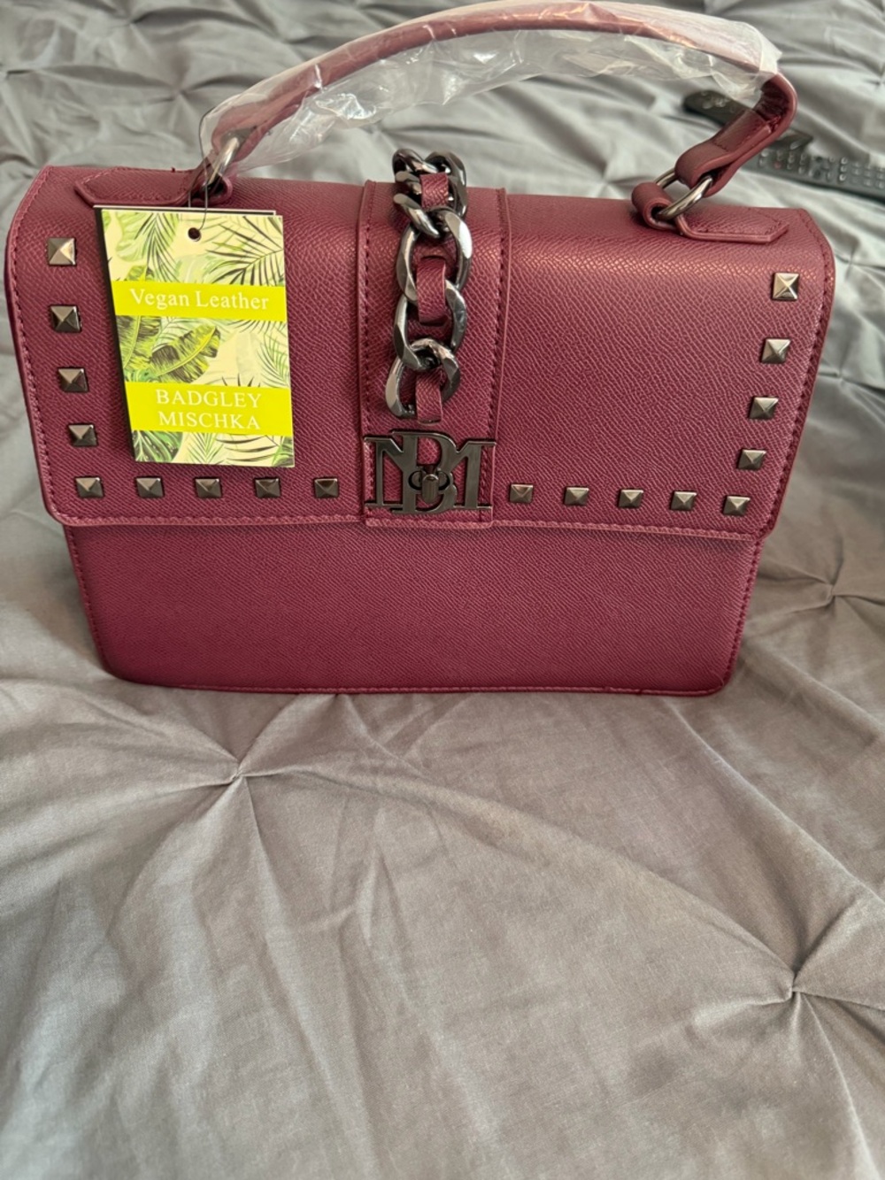 Badgley Mischka Wine Burgundy Top-Handle Satchel with Stud Accents